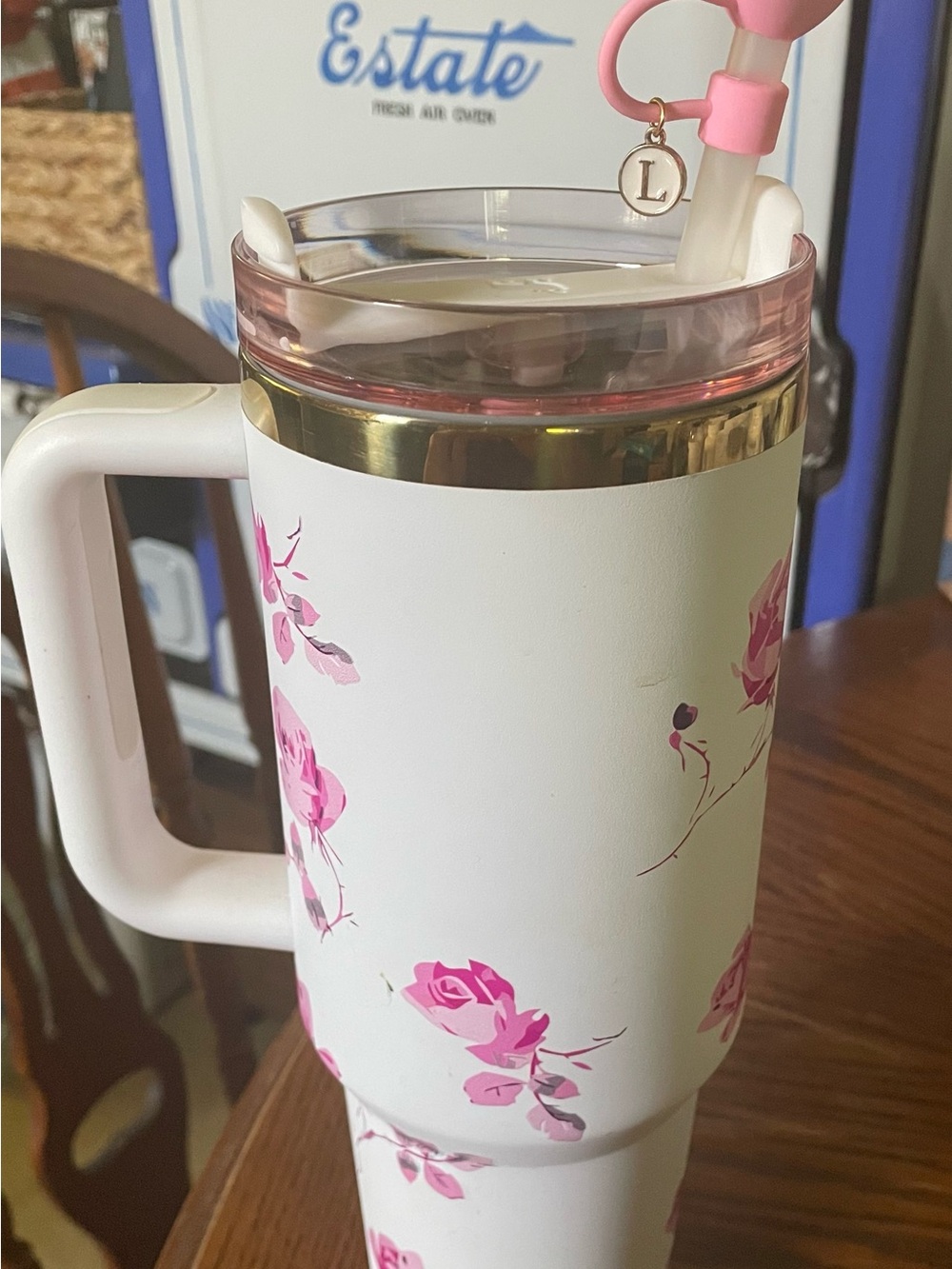Stanley Love Shack Fancy Travel Tumbler with Pink Floral Pattern and Gold Accent - Picture 2 of 5